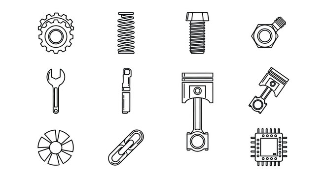 Collection of hand-drawn mechanical engineering components and tools for technical design projects vector