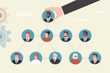 Team building, concept. Businessman hand put CEO on org chart. Company leader or executive position, organization chart, hierarchy or team structure, responsibility,