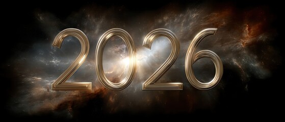 Creative representation of the year 2026 with swirling cosmic background highlighting futuristic themes and aspirations