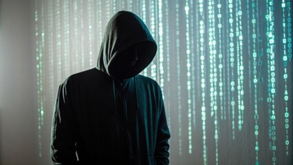 A mysterious figure in a hoodie stands against a backdrop of digitized binary code, evoking themes of technology and secrecy.