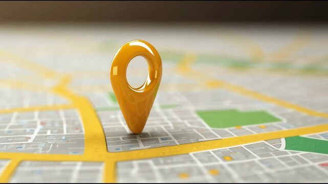 Shiny yellow 3d location pin marker rotating over a blurred digital gps city street map background with shallow depth of field.