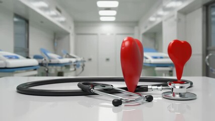 stethoscope with red heart symbol on white table, healthcare and cardiology concept, modern hospital background