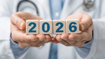 Doctor displays wooden blocks spelling out the year 2026, forecasting health trends ahead.