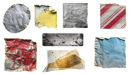A collection of realistic torn stickers, old labels, and adhesive paper pieces in grunge style. 8 isolated elements with ripped edges, dirty textures, and worn surfaces. PNG file with transparent back