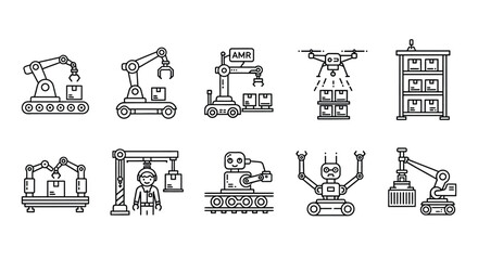 Modern industrial automation icons featuring robots drones and robotic arms for manufacturing and logistics vector