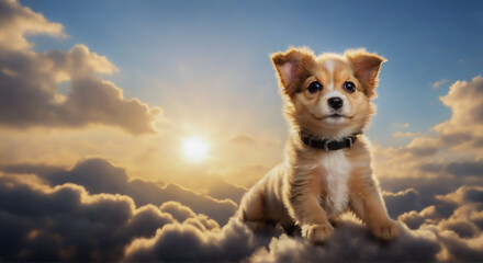 A brown dog sitting on clouds at sunset. Surreal scene of a dog resting above fluffy clouds. Dog with golden brown fur perched on clouds at dusk.
