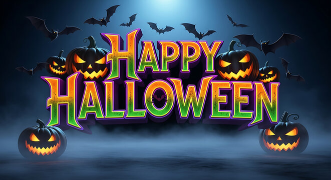 Happy halloween text with pumpkins and bats in a spooky setting - Powered by Adobe