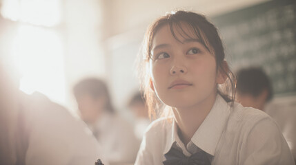 教室で考え込む女子学生のポートレート