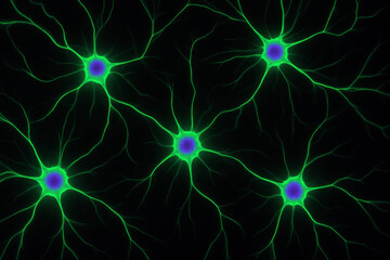 Obraz premium Microscopic view of neural cells glowing neon green with violet nuclei, showing intricate branching structures on black background, representing biomedical science and biotechnology visualization