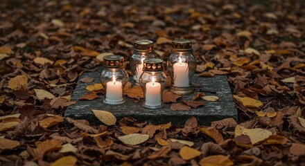 All saints’ day candlelight tribute with memorial candles in autumn setting for commemoration and reflection