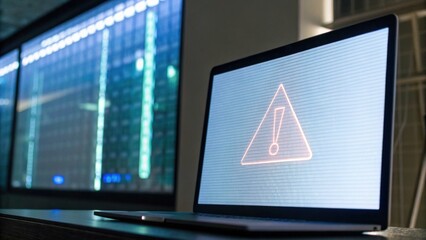 A laptop displays a warning symbol on its screen, with digital data graphics visible in the background, suggesting a potential error or alert in a tech environment.