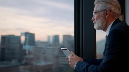 Senior man looks at smartphone while sitting by window, observing city skyline at sunset. Calm urban atmosphere in modern office space. Concept of technology, business, communication - Powered by Adobe