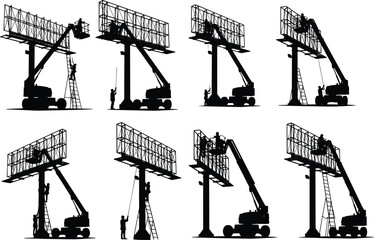 Flat vector illustration of billboard installation workers with crane lift, outdoor advertising construction and maintenance concept