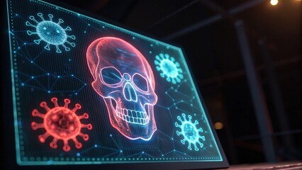 A digital graphic depicts a skull intertwined with virus imagery, highlighting themes of health and technology in a vibrant, futuristic style.