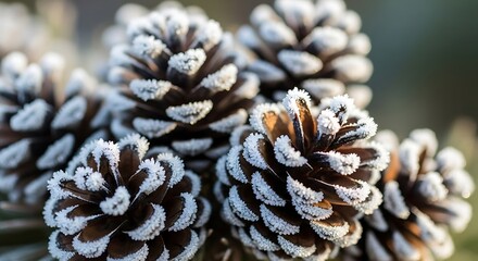 Frozen pine cones close up