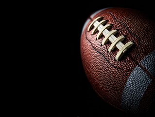 Fototapeta premium Close-up of a textured, brown leather game ball with white laces set against a stark black backdrop.