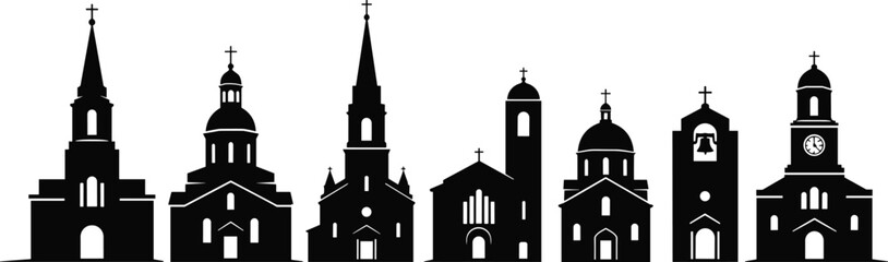 Flat vector church building silhouette collection, religious architecture illustration, cathedral design, faith structure and heritage concept