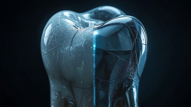 3D transparent cracked tooth with blue light reflection
