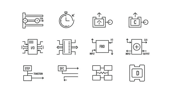 Set of industrial and technical schematics and icons for engineering and systems design vector