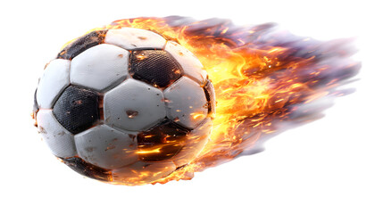 Fototapeta premium A soccer ball engulfed in intense flames flies rapidly through the air creating a dynamic and powerful display against white background.