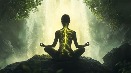 A woman with veins shaped like tree roots glowing under her skin, meditating by a waterfall