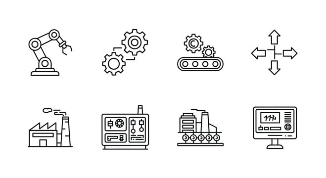 Collection of industrial automation icons and symbols for manufacturing technology concepts vector