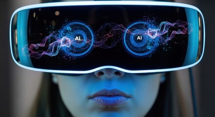 woman in vr headset with glowing blue light. lenses reflect abstract ai data patterns, visualizing futuristic metaverse. technology, innovation concept.