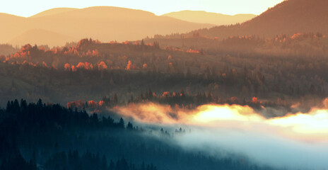 fantastic autumn morning landscape, wonderful nature scene, Carpathian mountains, Lviv region, Ukraine, Europe