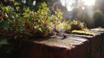 Obraz premium Sunlit spiderweb with dewdrops among ivy on rustic brick garden wall