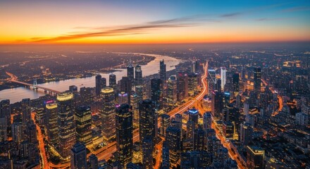 Obraz premium A panoramic view of a city skyline at sunset, featuring tall buildings, bridges, and a river.