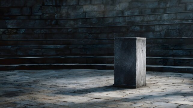 A solitary stone podium stands in an empty ancient stone amphitheater with dramatic lighting and shadows