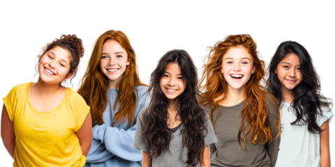 group of 5 beautiful, cheerful 12-15 year old diverse ethnicity girls isolated over white (transparent) background