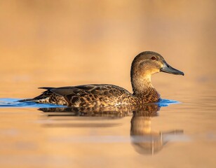 Fototapeta premium A single brown duck floats serenely on calm water, reflecting sunlight
