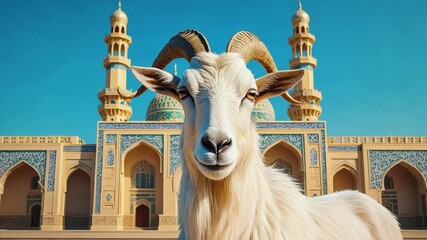 white goat with curved horns, standing in front of a grand mosque, eid al adha celebration theme, blue sky background