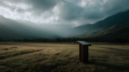 A lone wooden podium stands in a vast grassy field against a backdrop of mist shrouded mountains under dramatic cloudy skies