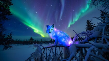 Glowing fox in a snowy frozen forest under the northern lights in a serene winter fantasy scene