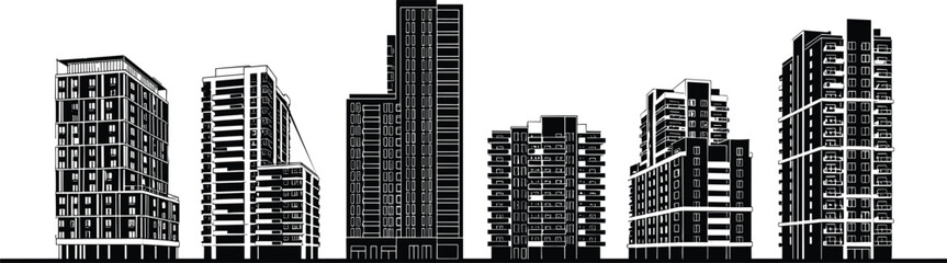 Modern apartment buildings skyline, residential cityscape illustration, urban architecture design, contemporary housing complex vector art © MD