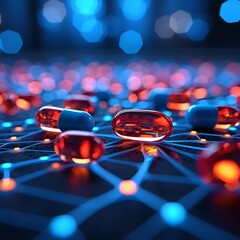 Advanced Pharmaceutical Capsules on Interconnected Network Representing Modern Medicine and Technology Advancements