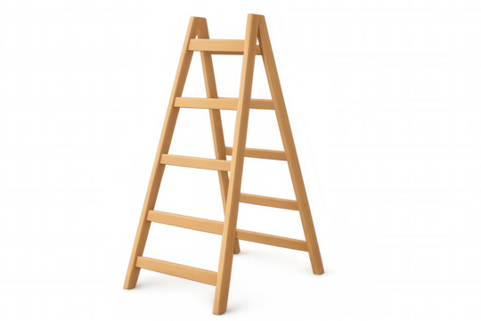 Wooden stepladder standing open, providing equipment for repair, renovation, and construction work, transparent background