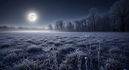 Full moon illuminates frosted meadow with trees at night landscape