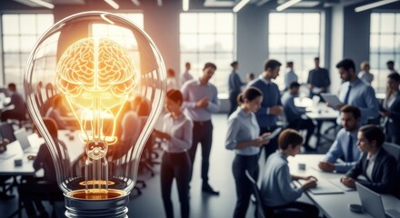 A group of people working in a modern office with a glowing light bulb in the foreground.