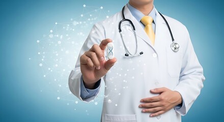 Doctor holding DNA pill with stethoscope healthcare and medical breakthrough concept for pharmaceutical advancement
