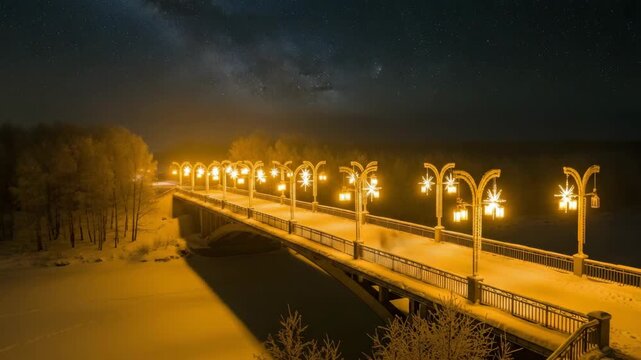 Mystical winter night journey on a snowcovered bridge under starry sky