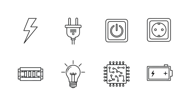 Hand drawn electrical icons set energy power lightbulb battery computer chip outlets plug vector