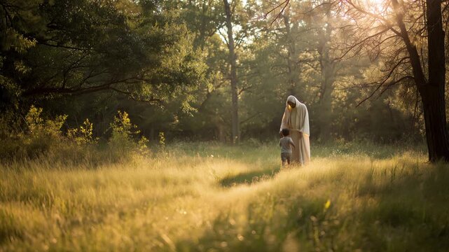 A young boy joyfully runs through a lush green field towards Jesus, who stands calmly with open arms. The scene is bathed in soft golden light, creating a peaceful atmosphere.