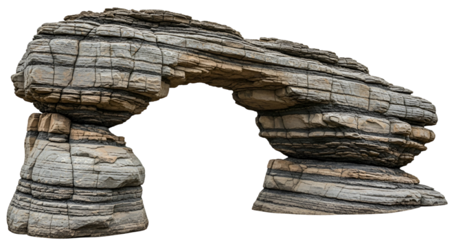 A natural stone arch formation with distinct horizontal layers, isolated on transparent background