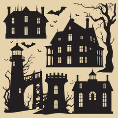 Solid color Halloween vector with haunted mansion, retro pumpkins, Dia de los Muertos skeletons, spooky typography, mushrooms & eerie night scene