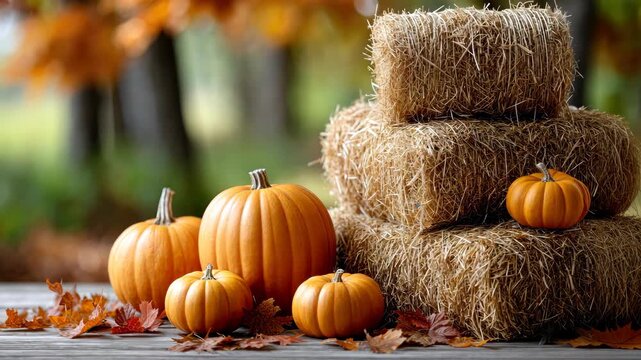 Bright orange pumpkins sit beside stacked hay bales surrounded by autumn leaves, showcasing the beauty of the season