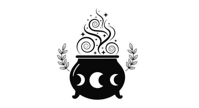 Enchanting cauldron bubbling with magical potions and celestial symbols creating an ethereal atmosphere.