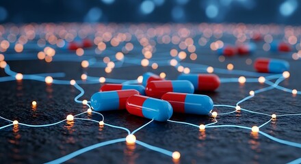 Pharmaceutical Capsules on Abstract Network Background Representing Medical Innovation and Healthcare Technology Advancements